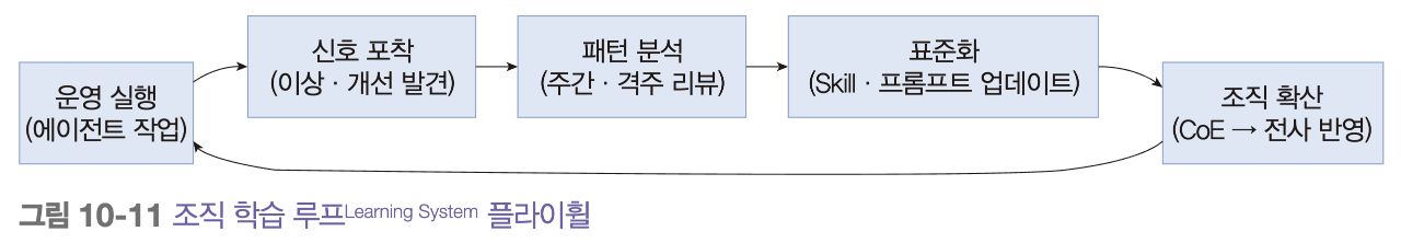 운영 실행에서 신호 포착, 패턴 분석, 표준화, 조직 확산을 거쳐 다시 실행으로 이어지는 조직 학습 루프
